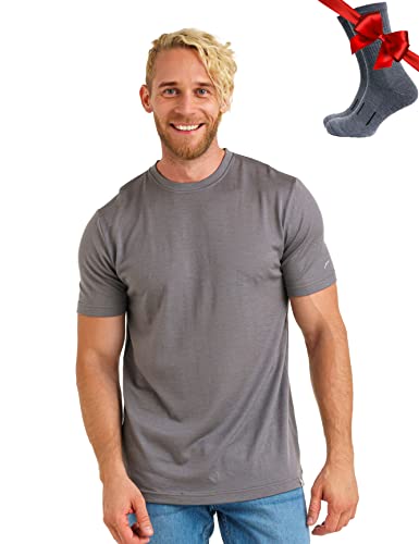 Premium Merino Shirt Herren Kurzarm - Thermooberteile 100% Merino Unterwäsche Herren + Wanderwollsocken (X-Large, Perfect Gray) von Merino.tech