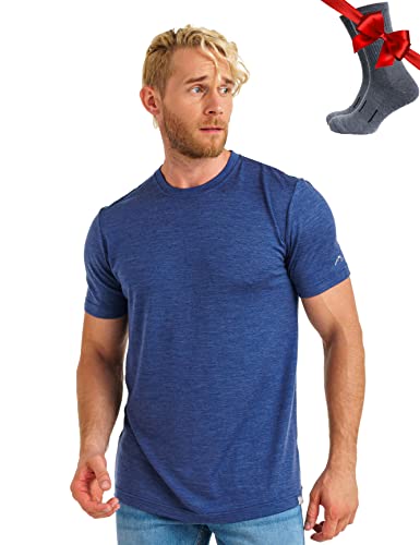 Premium Merino Shirt Herren Kurzarm - Thermooberteile 100% Merino Unterwäsche Herren + Wanderwollsocken (XX-Large, Chicago Blues) von Merino.tech