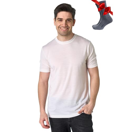 Premium Merino Shirt Herren Kurzarm - Thermooberteile 100% Merino Unterwäsche Herren + Wanderwollsocken (Large, Creamy White) von Merino.tech