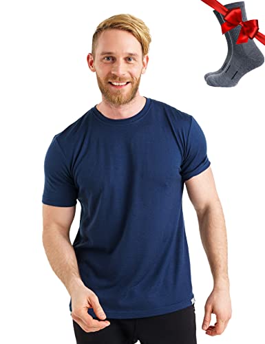 Premium Merino Shirt Herren Kurzarm - Thermooberteile 100% Merino Unterwäsche Herren + Wanderwollsocken (Small, Navy) von Merino.tech
