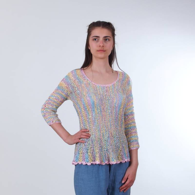 Bunter Lockerer Strickpullover, Leichte Mehrfarbige Strickbluse, Durchsichtiger Offener Strick-Sommerpullover von Merinossa