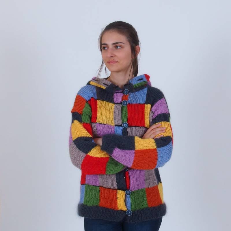 Farbblock Patchwork-Strickjacke, Harry Styles-Strickjacke, Bunte Warme Mohair-Woll-Strickjacke, Mehrfarbige Abstrakte Strickjacke von Merinossa