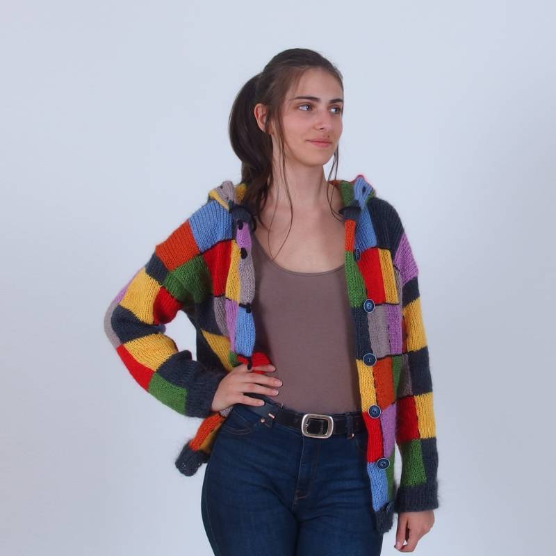 Farbblock Patchwork-Strickjacke, Harry Styles-Strickjacke, Bunte Warme Mohair-Woll-Strickjacke, Mehrfarbige Abstrakte Strickjacke von Merinossa