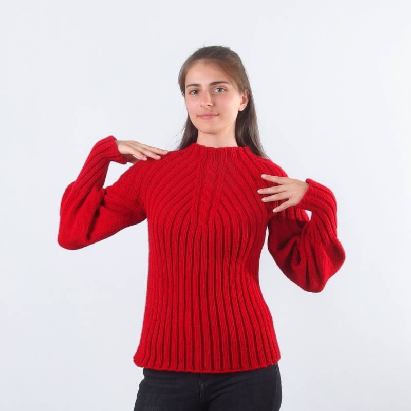 Handgestrickter Damenpullover Mit Puffärmeln, Roter Handgestrickter Pullover Aus Wolle, Strickpullover Zopfmuster, Rippenstrickpullover Langen Ärmeln von Merinossa