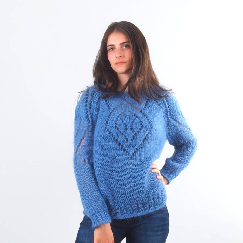 Handgestrickter Mohair-Pullover, Flauschiger Weicher Wollpullover Für Frauen, Blauer Handgestrickter Langarm-Pullover von Merinossa