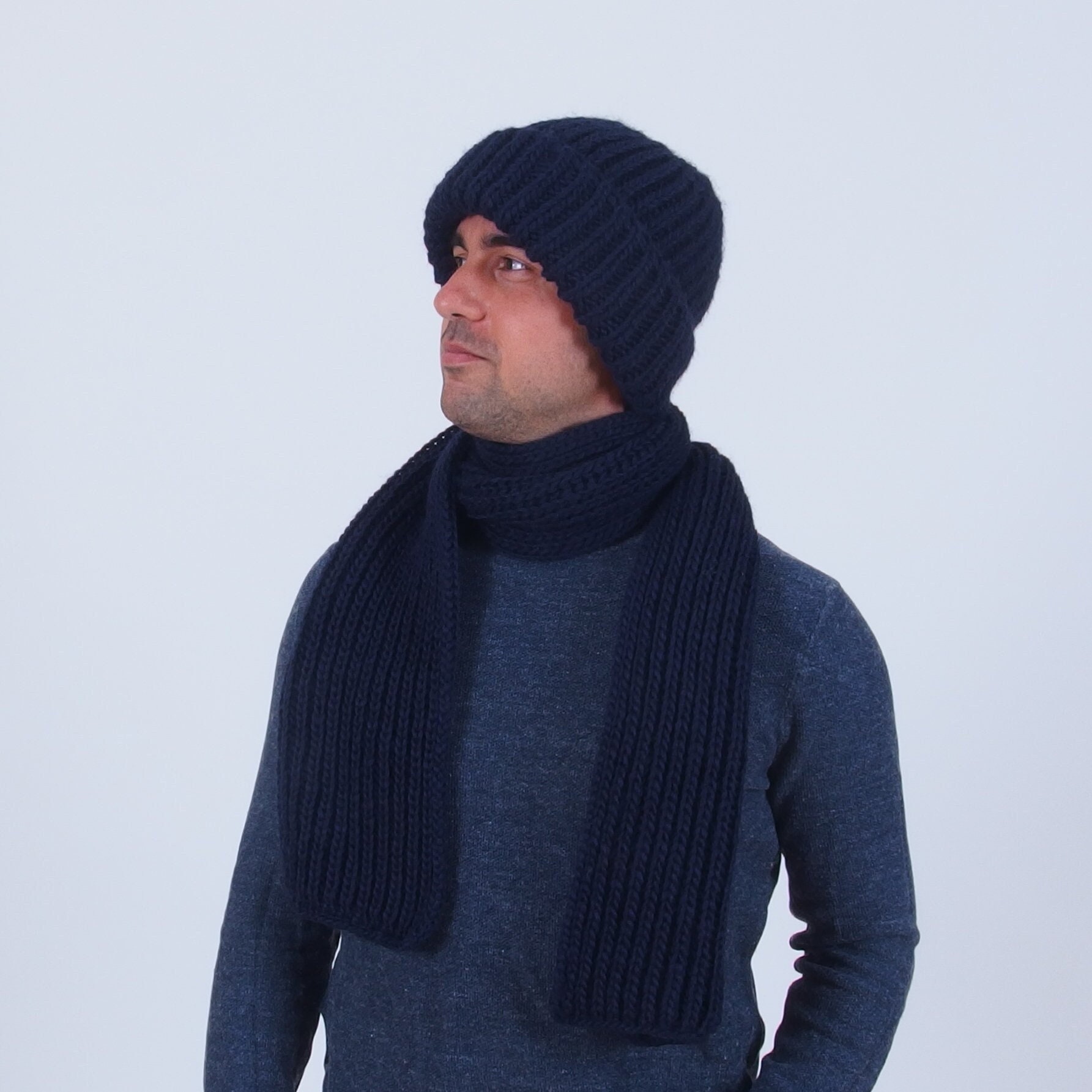 Herren Winter Mütze Schal Set, Dicke Grobe Handgestrickte Wintermütze, Alpaka Wolle Warme Merino Und von Merinossa