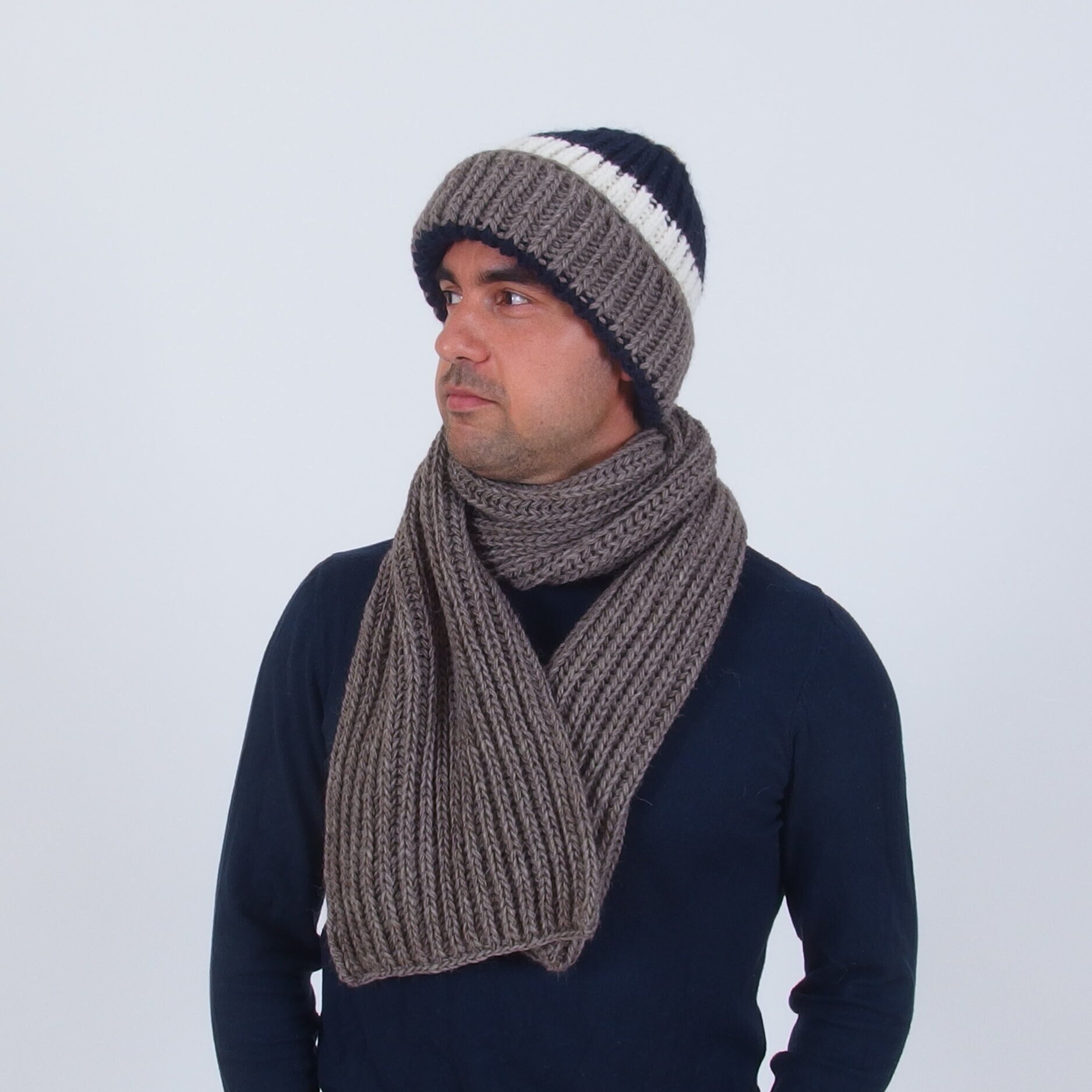 Herren Winter Mütze Schal Set, Dicke Grobe Handgestrickte Wintermütze, Alpaka Wolle Warme Merino Und von Merinossa