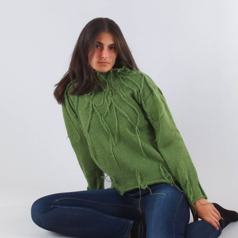 Wolle Mock Neck Texturierte Pullover, Warme Winter-Frauen-Pullover, Strick Grün Langarm-Pullover Mit Fäden, Strick-Pullover Für Damen von Merinossa