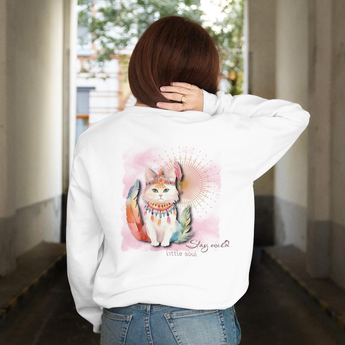 Boho Cat Hoodie - Stay Wild Little Soul Pink Aesthetic Cat Sweatshirt Spiritual Self Love Gift, Oversized Hoodie von MerkerHarmsDesigns