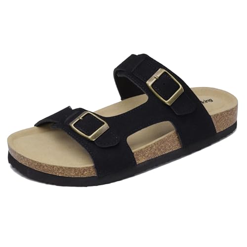 Merking Damen Pantoletten Bequeme Orthopädische Slide Sandalen mit Natur Kork Fussbett Sommer Flach Hausschuhe mit Verstellbare Schnalle XZ7623-Black-EU39 von Merking