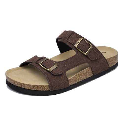 Merking Damen Pantoletten Bequeme Orthopädische Slide Sandalen mit Natur Kork Fussbett Sommer Flach Hausschuhe mit Verstellbare Schnalle XZ7623-ReddishBrown-EU38 von Merking