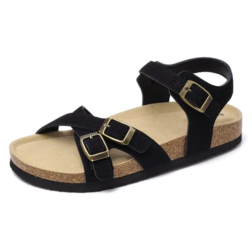 Merking Damen Pantoletten Sandalen mit Natur Kork Fussbett Slide Orthopädische Verstellbarer Rieme Flach Hausschuhe Rutschfest Sommer Slip XZ554-Black-EU41 von Merking