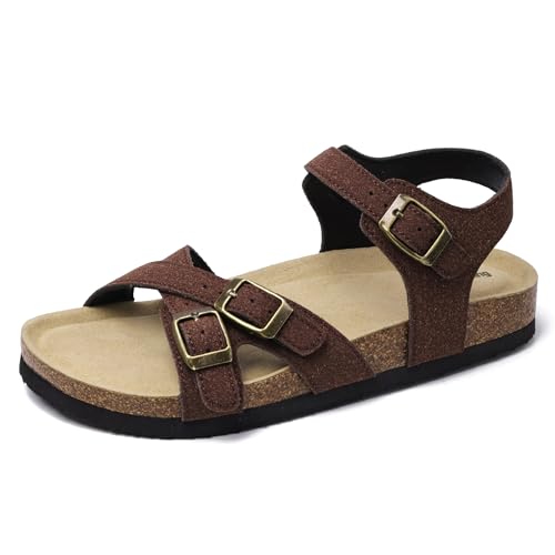Merking Damen Pantoletten Sandalen mit Natur Kork Fussbett Slide Orthopädische Verstellbarer Rieme Flach Hausschuhe Rutschfest Sommer Slip XZ554-DarkBrown-EU43 von Merking