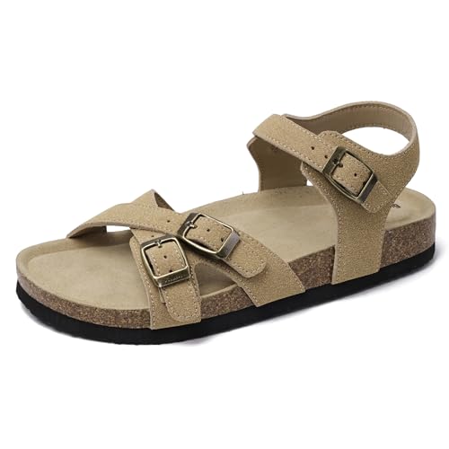 Merking Damen Pantoletten Sandalen mit Natur Kork Fussbett Slide Orthopädische Verstellbarer Rieme Flach Hausschuhe Rutschfest Sommer Slip XZ554-LightBrown-EU42 von Merking