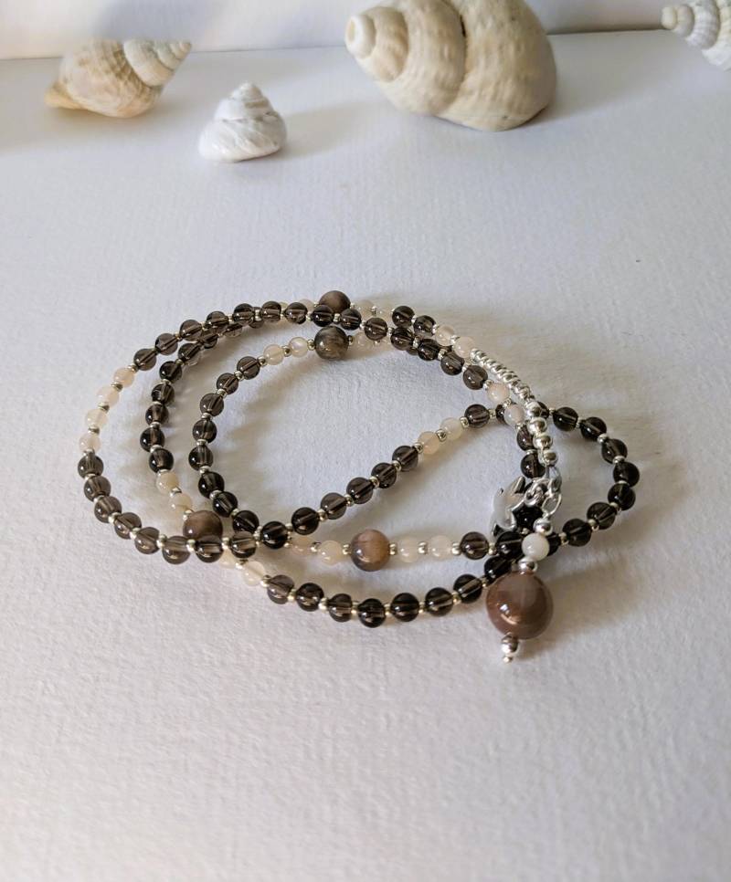 Mala Kette Rauchquarz Peach Mondstein Handgefertigt von MerlesJewellery