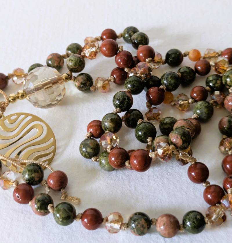 Mala Kette Unakite Karneol Gold Handgefertigt von MerlesJewellery