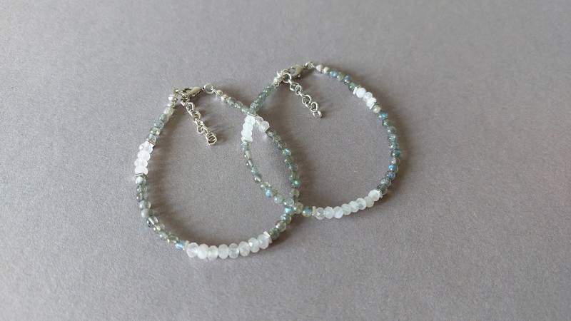 Perlenarmband Labradorit Rosenquarz Mondstein Silber von MerlesJewellery