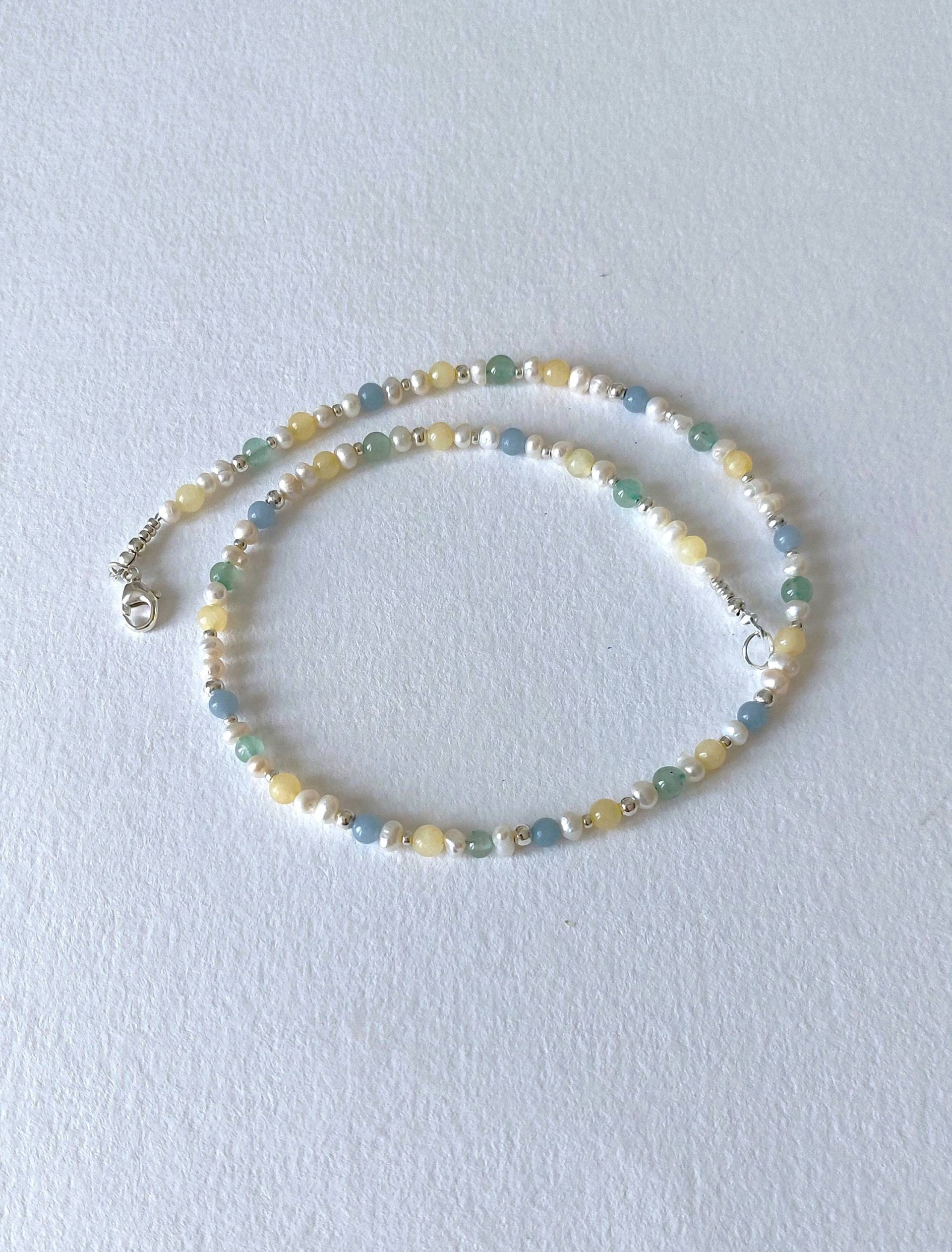 Süßwasserperlenkette Angelit-, Gelbe Jade - Und Aventurinperlen Silber Süßwasserperlenkette Angelit-, Gelbe Jade - Und Aventurinperlen Silber von MerlesJewellery