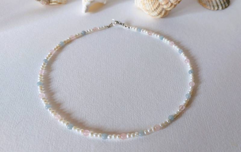 Süßwasserperlenkette Aquamarin-, Rosenquarzperlen Silber von MerlesJewellery