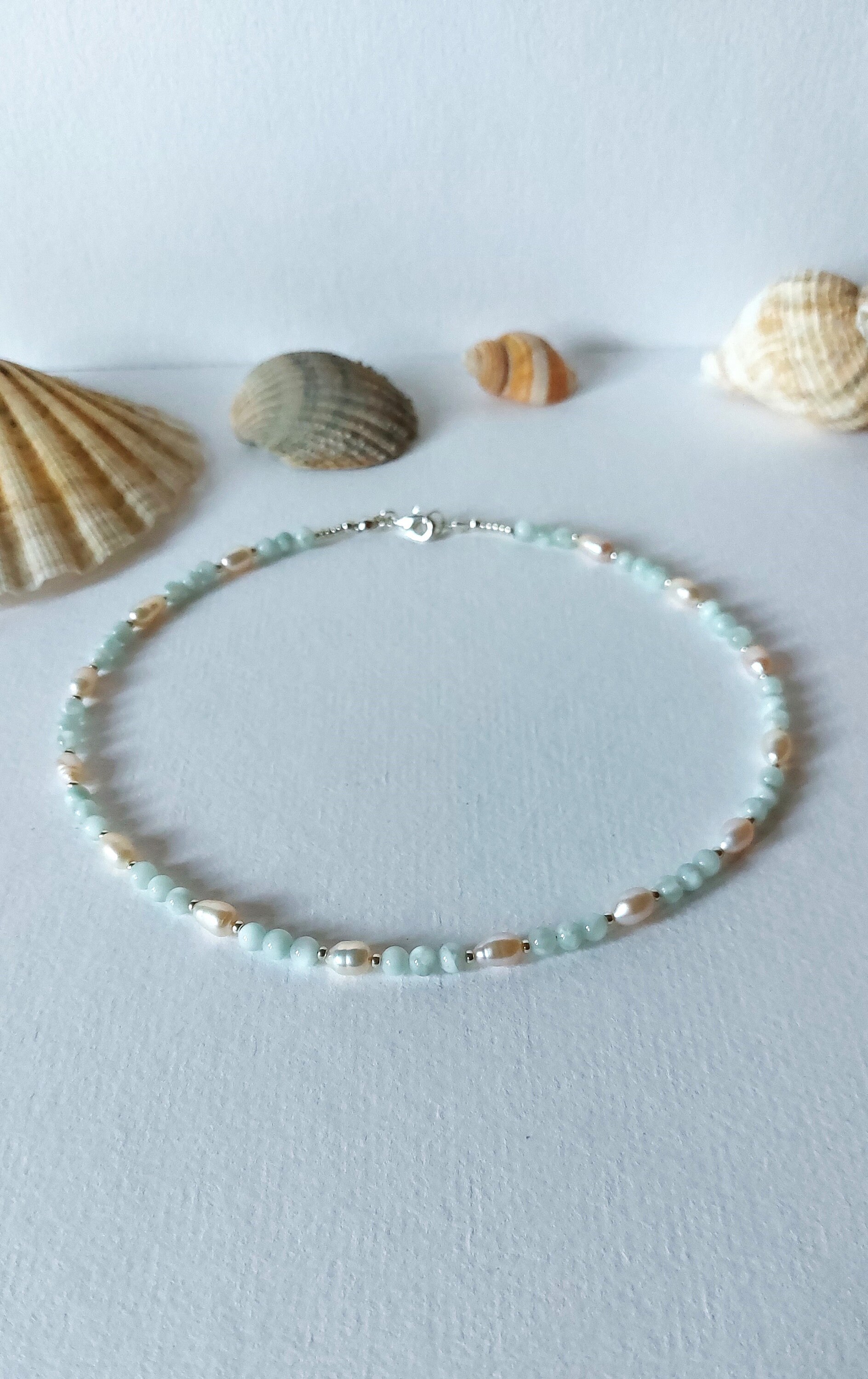 Süßwasserperlenkette Mondstein Angelitperlen Silber Süßwasserperlenkette Mondstein Angelitperlen Silber von MerlesJewellery