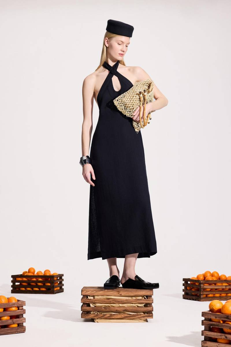 Schwarzes Leinen Neckholder Kleid | Midi Baumwolle-Leinen von MerleyResortWear