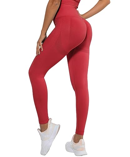 Merlvida Scrunch Butt Sport Leggings Damen High Waist Seamless Push Up Leggings Blickdicht Boom Booty Leggings Sporthose mit Bauchkontrolle Slim Sportleggins Gym Leggins Hose A09 - Rot Size L von Merlvida