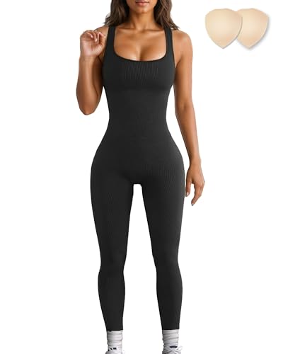Merlvida Sport Jumpsuits für Damen Elastischer Figurformender Jumpsuit Damen Eng Nahtloser Bodysuit Bauchweg Overall Workout Body Einteiler Sportanzug von Merlvida
