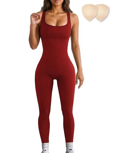 Merlvida Sport Jumpsuits für Damen Elastischer Figurformender Jumpsuit Damen Eng Nahtloser Bodysuit Bauchweg Overall Workout Body Einteiler Sportanzug von Merlvida