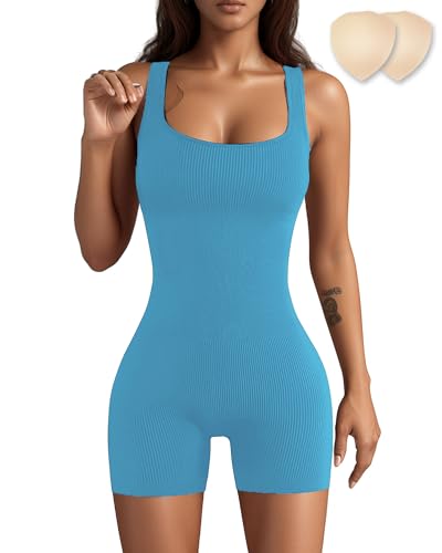 Merlvida Sport Jumpsuits für Damen Kurzer Bodycon Jumpsuit Eng Elastischer Figurbetonter Einteiler Bauchweg Workout Bodysuit Nahtloser Overall für Fitness Yoga Gym von Merlvida