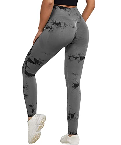 Merlvida Scrunch Butt Sport Leggings Damen High Waist Seamless Push Up Leggings Blickdicht Boom Booty Leggings Sporthose mit Bauchkontrolle Slim Sportleggins Gym Leggins A07 - Tie Dye Grau Size L von Merlvida