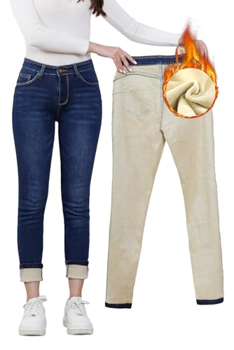 Merlvida Thermo Jeans Damen High Waist Gefütterte Stretch Thermojeans Push Up Warme Winter Thermohose Fleece Jeggings Skinny Denim Leggings Hosen Mit Innenfleece von Merlvida