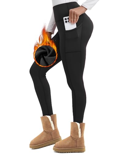 Merlvida Thermo Leggings Damen High Waist Gefütterte Thermoleggins für Winter Warme Sportleggins Lang Blickdichte Fleece Leggins Elastische Strumpfhose Kuschelige Thermohose mit Taschen von Merlvida