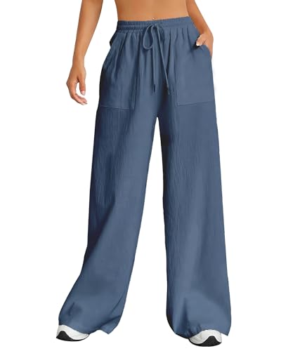 Merlvida Weite Hose Damen Sommer Leichte Sommerhose Lockere Leinenhose Palazzo Freizeithose mit Weitem Bein Casual Strandhose mit Tunnelzug & Taschen von Merlvida