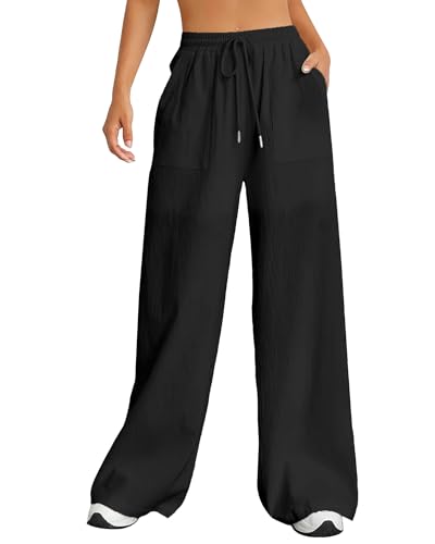 Merlvida Weite Hose Damen Sommer Leichte Sommerhose Lockere Leinenhose Palazzo Freizeithose mit Weitem Bein Casual Strandhose mit Tunnelzug & Taschen von Merlvida