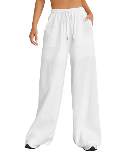 Merlvida Weite Hose Damen Sommer Leichte Sommerhose Lockere Leinenhose Palazzo Freizeithose mit Weitem Bein Casual Strandhose mit Tunnelzug & Taschen von Merlvida