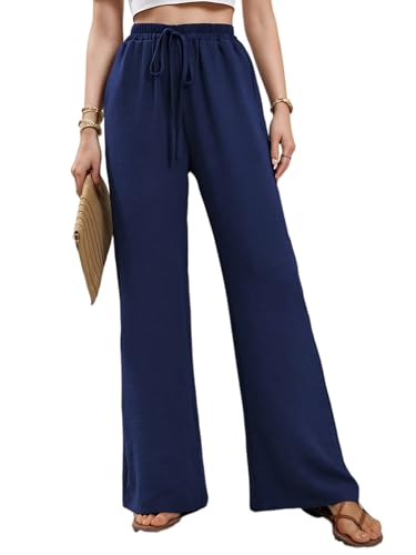 Merlvida Weite Hosen Damen High Waist Stoffhose Elegant für Sommer Palazzo Hose Gerade Geschnitten Bequeme Leichte Freizeithose Yoga Sommerhose mit Tasche und Tunnelzug von Merlvida