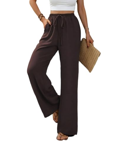 Merlvida Weite Hosen Damen High Waist Stoffhose Elegant für Sommer Palazzo Hose Gerade Geschnitten Bequeme Leichte Freizeithose Yoga Sommerhose mit Tasche und Tunnelzug von Merlvida