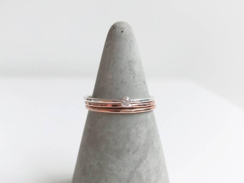 Texturierte Stacking Rings Set Cz Sterling Silber & Rosegold Gefüllt von MermadeCraftsShop
