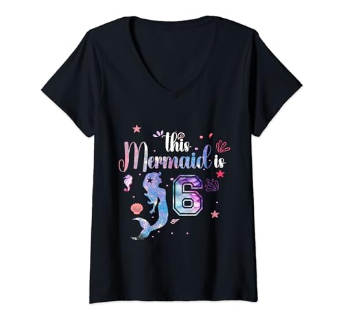 Damen Meerjungfrau Geburtstag Mädchen 6 Jahre alt It's My 6th Family Matching T-Shirt mit V-Ausschnitt von Mermaid Birthday Squad : dad mom girl boy family