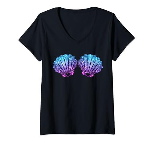 Damen Meerjungfrau Muschel BH Kostüm T-Shirt mit V-Ausschnitt von Mermaid Shell Bra Tees Shop