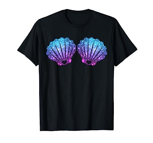 Mermaid Shell Bra Tees Shop - Damen & Mädchen - Kurzarm T-Shirt - Meerjungfrau Muschel BH Design - Schwarz - S von Mermaid Shell Bra Tees Shop