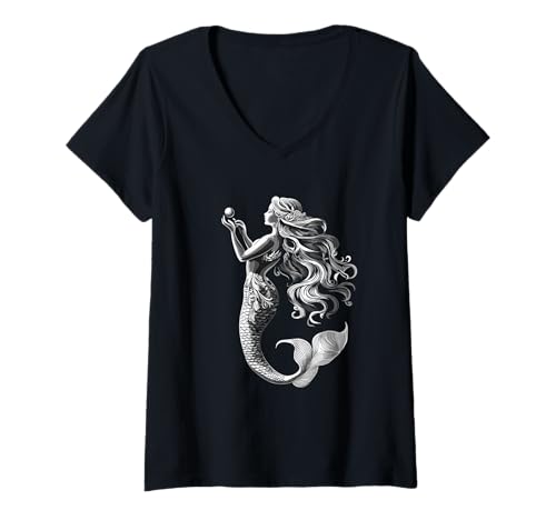 Damen Mystische Meerjungfrau mit Perle T-Shirt mit V-Ausschnitt von Mermaidcore Meerjungfrau Designs