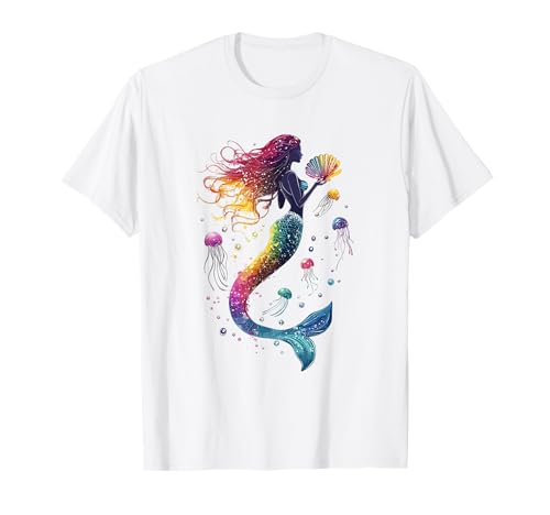 Mermaidcore Meerjungfrau Designs Regenbogen-Meerjungfrau mit Quallen T-Shirt für Meerjungfrau-Fans, Fantasy-Liebhaber, Frauen, Kinder - Unisex Kinder - Weiß - S von Mermaidcore Meerjungfrau Designs
