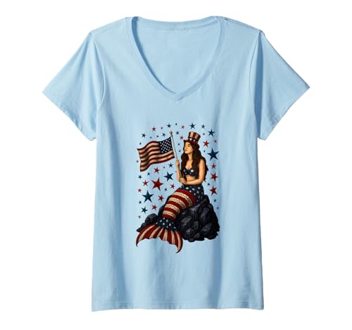 Damen Meerjungfrau USA Flagge 4. Juli Patriotische amerikanische Frauen Mädchen T-Shirt mit V-Ausschnitt Damen Meerjungfrau USA Flagge 4. Juli Patriotische amerikanische Frauen Mädchen T-Shirt mit V-Ausschnitt von Mermerica Mermaid American Flag Indepedence Day