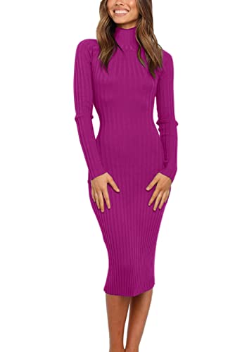 MEROKEETY Damen Geripptes Langarm Pulloverkleid Hoher Ausschnitt Slim Fit Strickkleid Midikleid, Darkmagenta, X-Klein von Merokeety