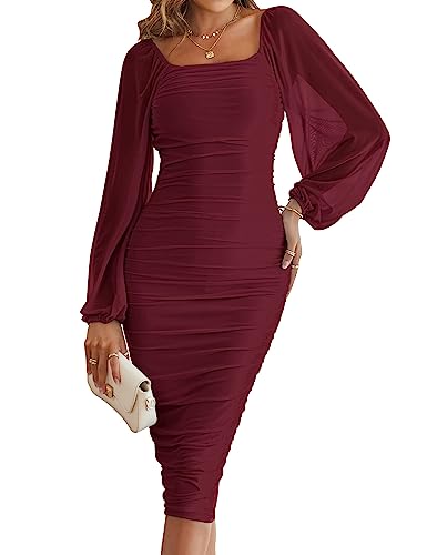 MEROKEETY Damen Lange Puffärmel Geraffte Bodycon Kleid Square Neck Mesh Cocktail Party Midi Kleider, Weinrot, Mittel von MEROKEETY