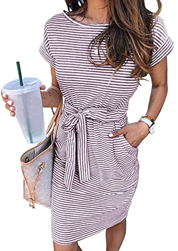 MEROKEETY Damen Sommer Gestreiftes Kurzarm T-Shirt Kleid Casual Tie Taille mit Taschen, Violett, Klein von MEROKEETY