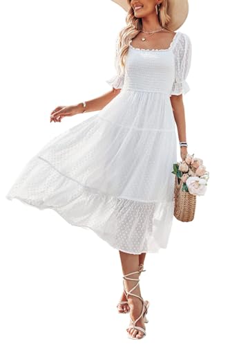 MEROKEETY Damen Sommer Square Neck Puffärmel Boho Midikleid Swiss Dot Rüschen Flowy Tie Back Kleid, Weiß, Mittel von MEROKEETY