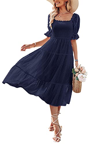 MEROKEETY Damen Sommer Square Neck Puffärmel Boho Midikleid Swiss Dot Rüschen Flowy Tie Back Kleid, navy, Mittel von Merokeety