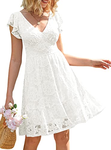 MEROKEETY Damen Sommer V Ausschnitt Flatterärmel Kleid Blumen Spitze Rückenfrei Tie Back A Linie Kleider, Weiss/opulenter Garten, X-Groß von Merokeety